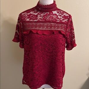 Gibson Red Lace Ruffled Blouse with Mandarin Collar